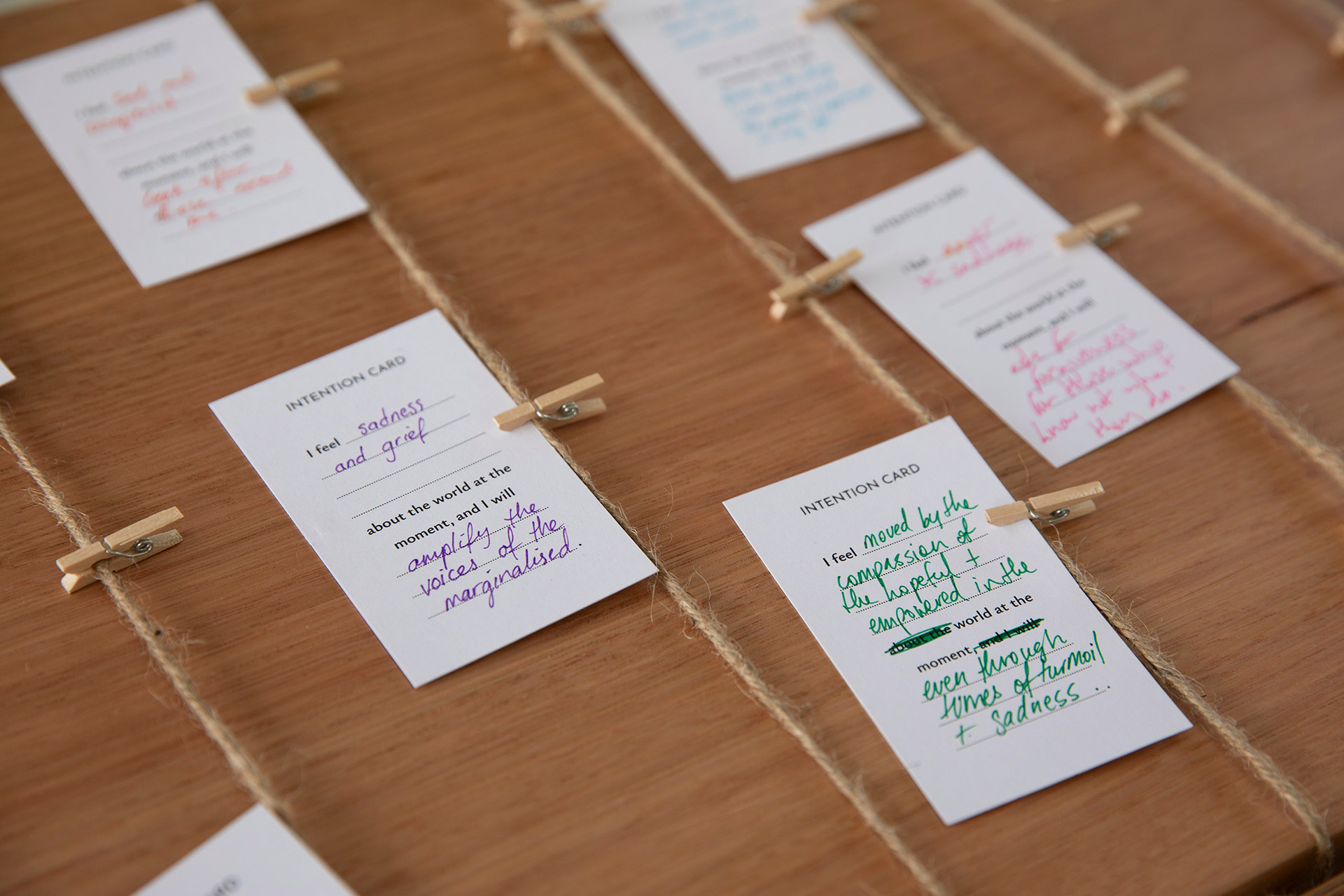 Some examples of intention cards left on the table for Transient Threads.