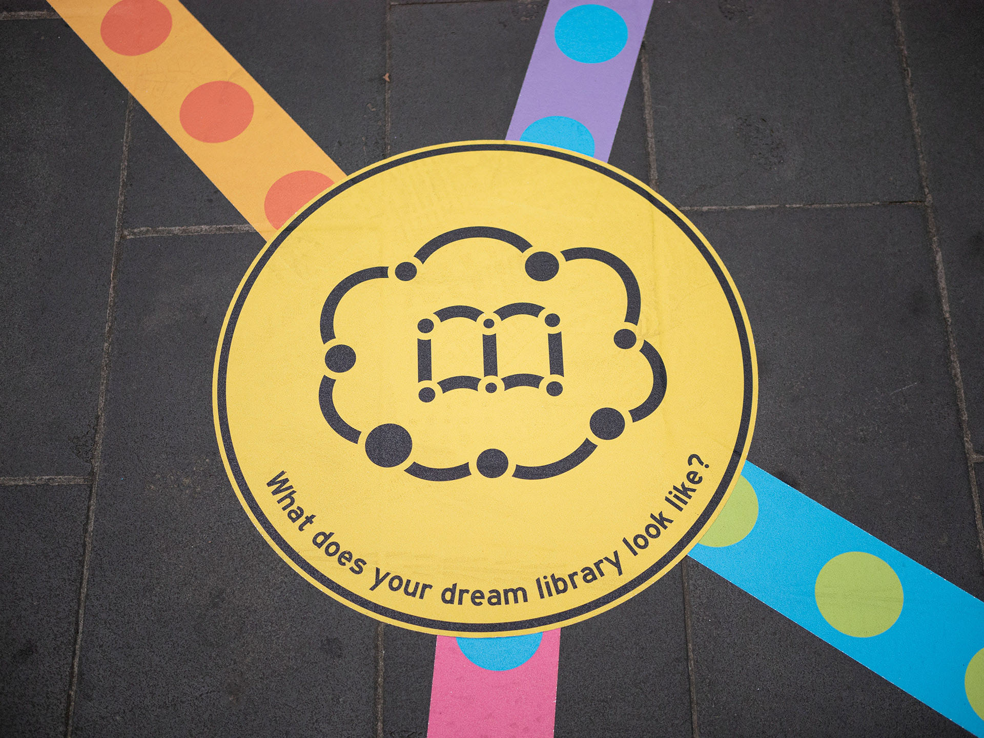 Close-up of the 'Dream library' mini-game from the Rainbow Paths installation at a library pop-up.