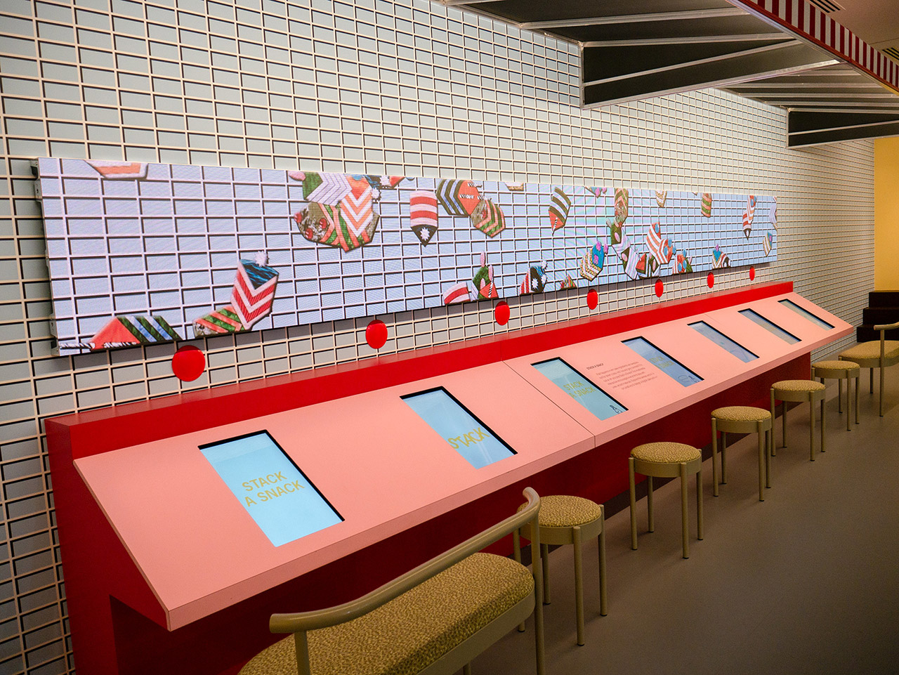 Wide shot of the interactive displays for Stack a Snack.