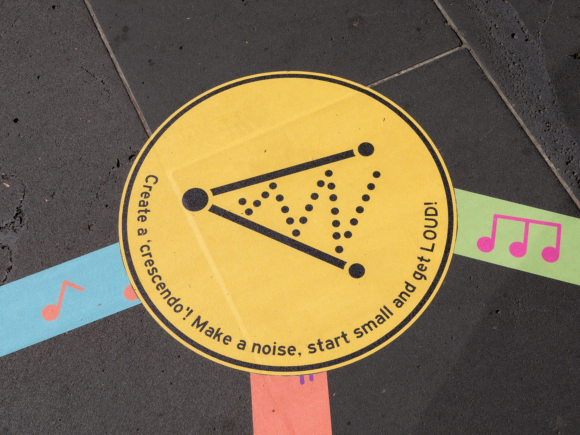 Close-up of the 'Crescendo' mini-game from the Rainbow Paths installation at Melbourne Recital Centre.