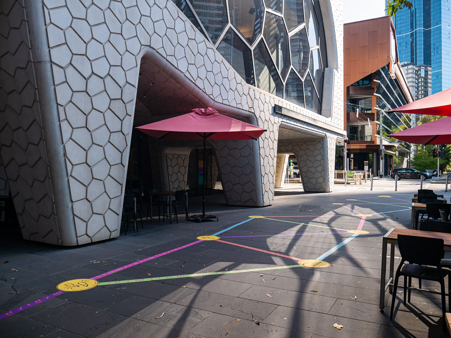 Wide shot of the Rainbow Paths installation at the Melbourne Recital Centre.