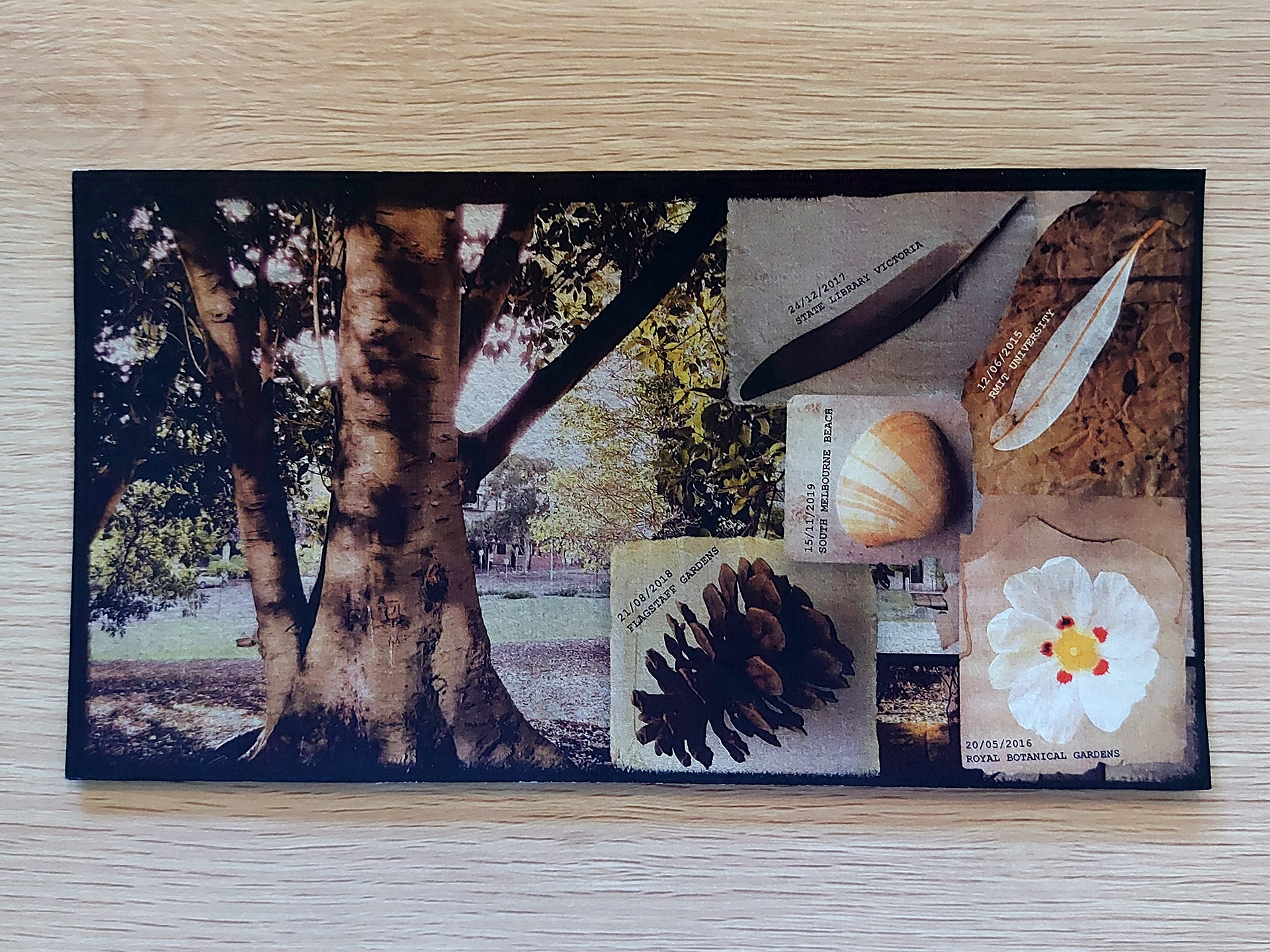 The Postcard Memento postcard printed, sitting on a wooden table.