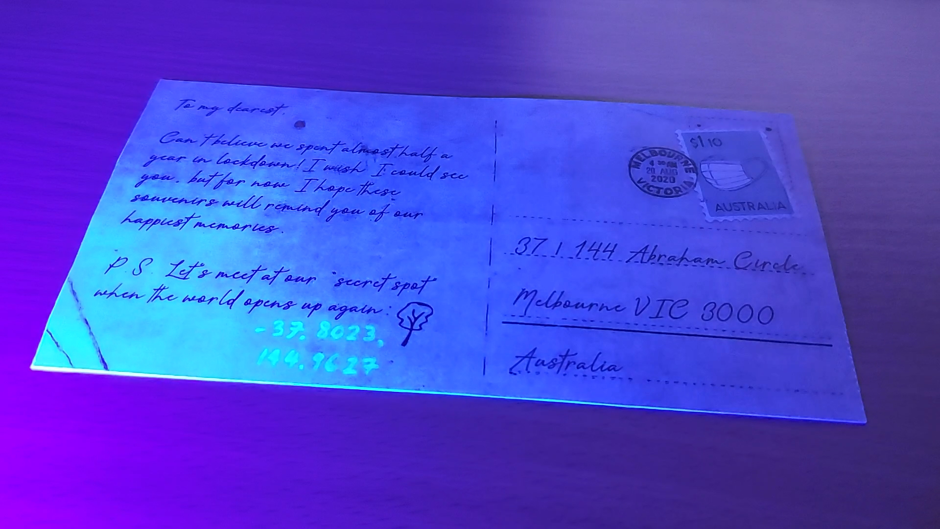 UV light showing the map coordinates of the secret location.