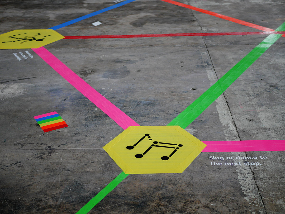 Close-up of the 'Sing or dance' mini-game from the Rainbow Paths installation.