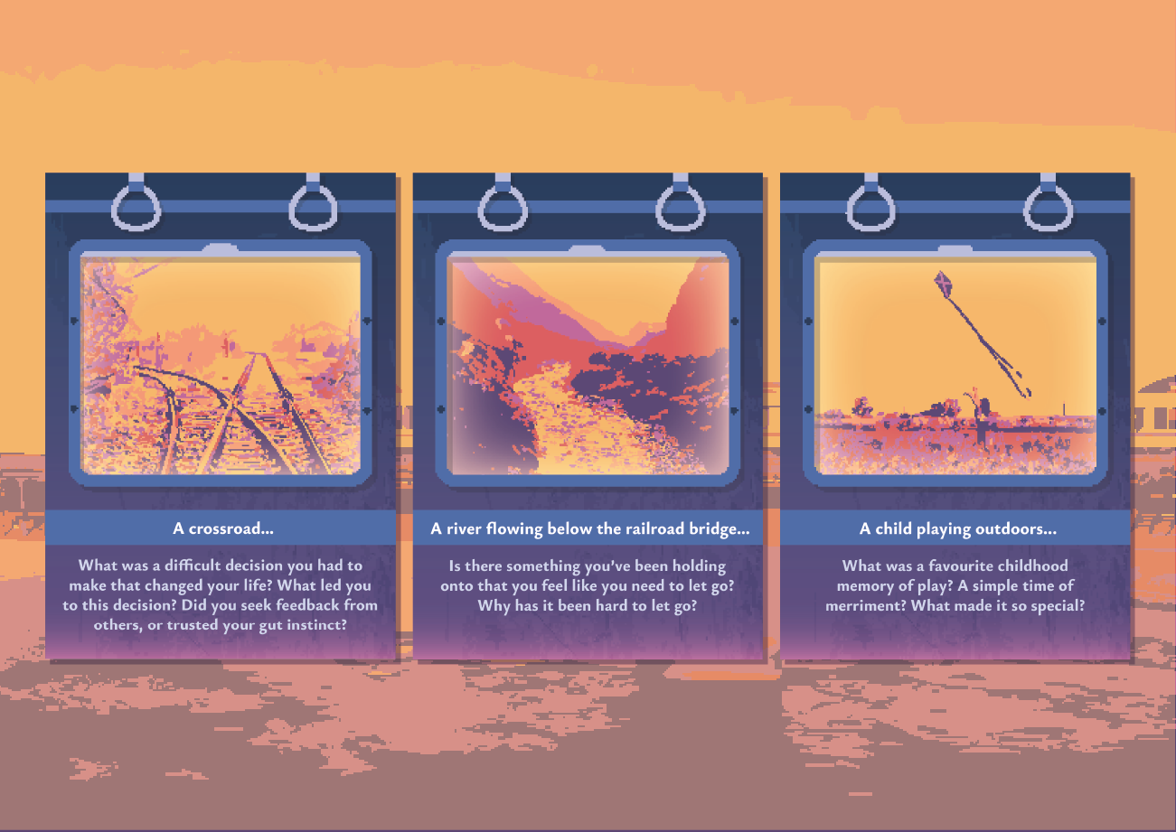 A set of example cards from A Train Ride Home.